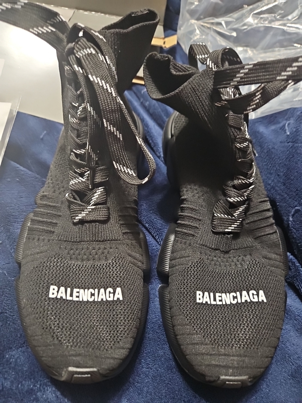 Balenciaga Black Knit Sock Sneakers with White Logo Accent